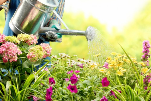 A gardener's hand wearing a grey glove is watering a vibrant flower bed in a garden, with a silver watering can. The flower bed contains a variety of blooming plants with pink, purple, yellow, and white flowers, interspersed with green foliage and ornamental grasses. The surrounding garden area features a lush green lawn in the foreground and a backdrop of blurred bright greenery, suggesting a sunny day with natural light illuminating the scene. The overall setting indicates meticulous outdoor gardening and landscape maintenance typical of a residential or community garden space near Victoria, with an emphasis on healthy plants and well-maintained soil. This image exemplifies the type of garden care and flower bed creation services provided by Landscapers Victoria, highlighting their expertise in enhancing outdoor spaces with colourful, well-organised planting arrangements.