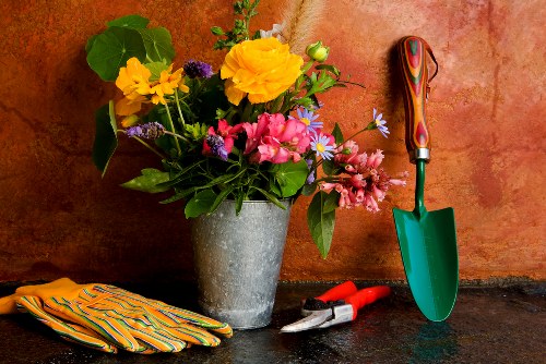 A close-up image of a garden workspace featuring a large concrete flower pot filled with a vibrant arrangement of yellow, pink, purple, and white flowers accompanied by lush green leaves, placed on a dark stone surface against an earthy terracotta-colored wall. Nearby, there are gardening tools including a small green-handled trowel, a pair of pruning shears with red handles, and a pair of yellow and orange striped gardening gloves. The scene suggests an outdoor or greenhouse environment, with natural lighting highlighting the colors and textures of the flowers, tools, and surface, indicative of gardening activities such as planting, flower arranging, or lawn and garden maintenance, possibly in a garden or landscaped outdoor space typical of Victoria, Australia, where local gardening services like those by Landscapers Victoria are often employed for such tasks.